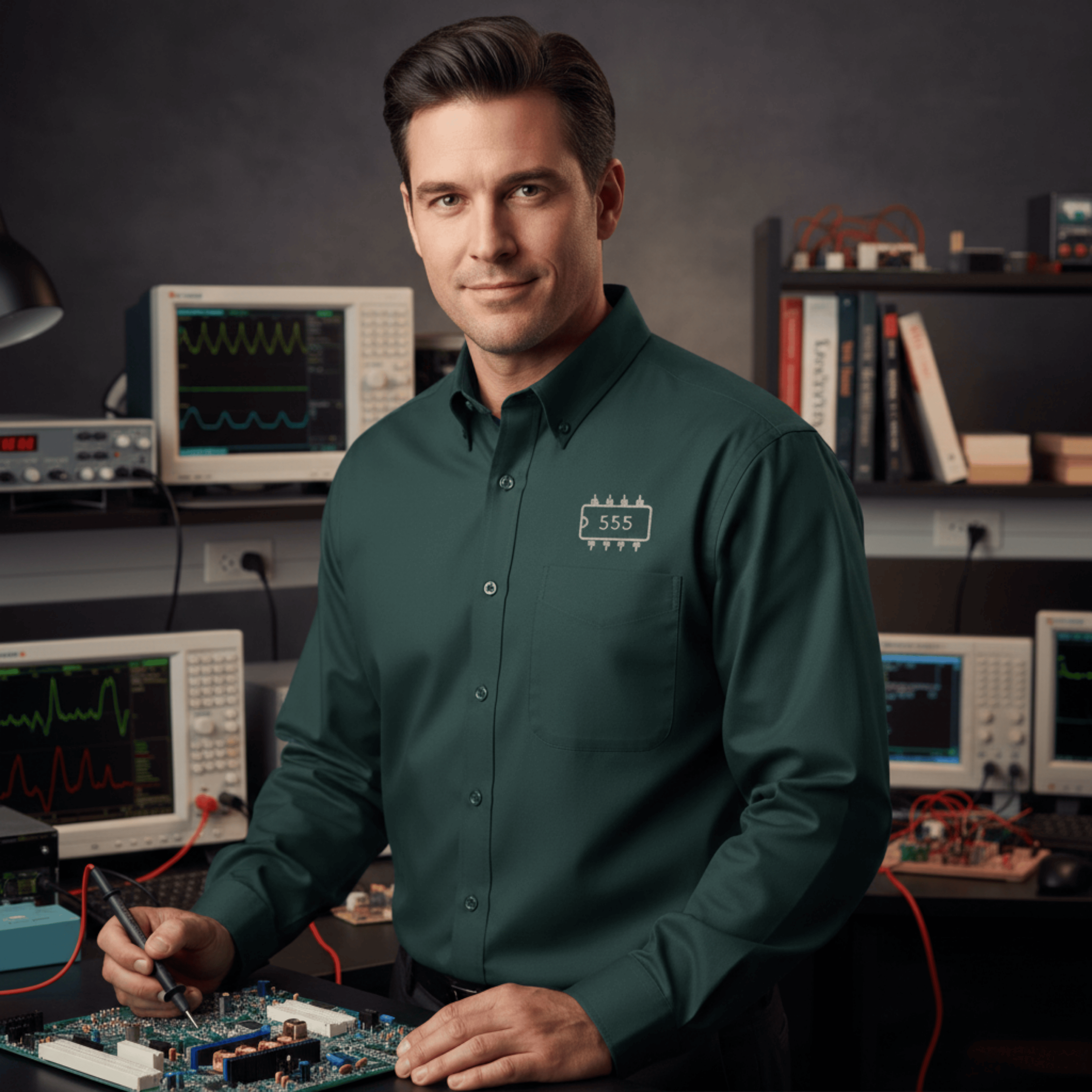 Circuit Swag Long-sleeve Dark Green/Navy / S 555 Timer IC Outline Embroidered Long Sleeve Shirt