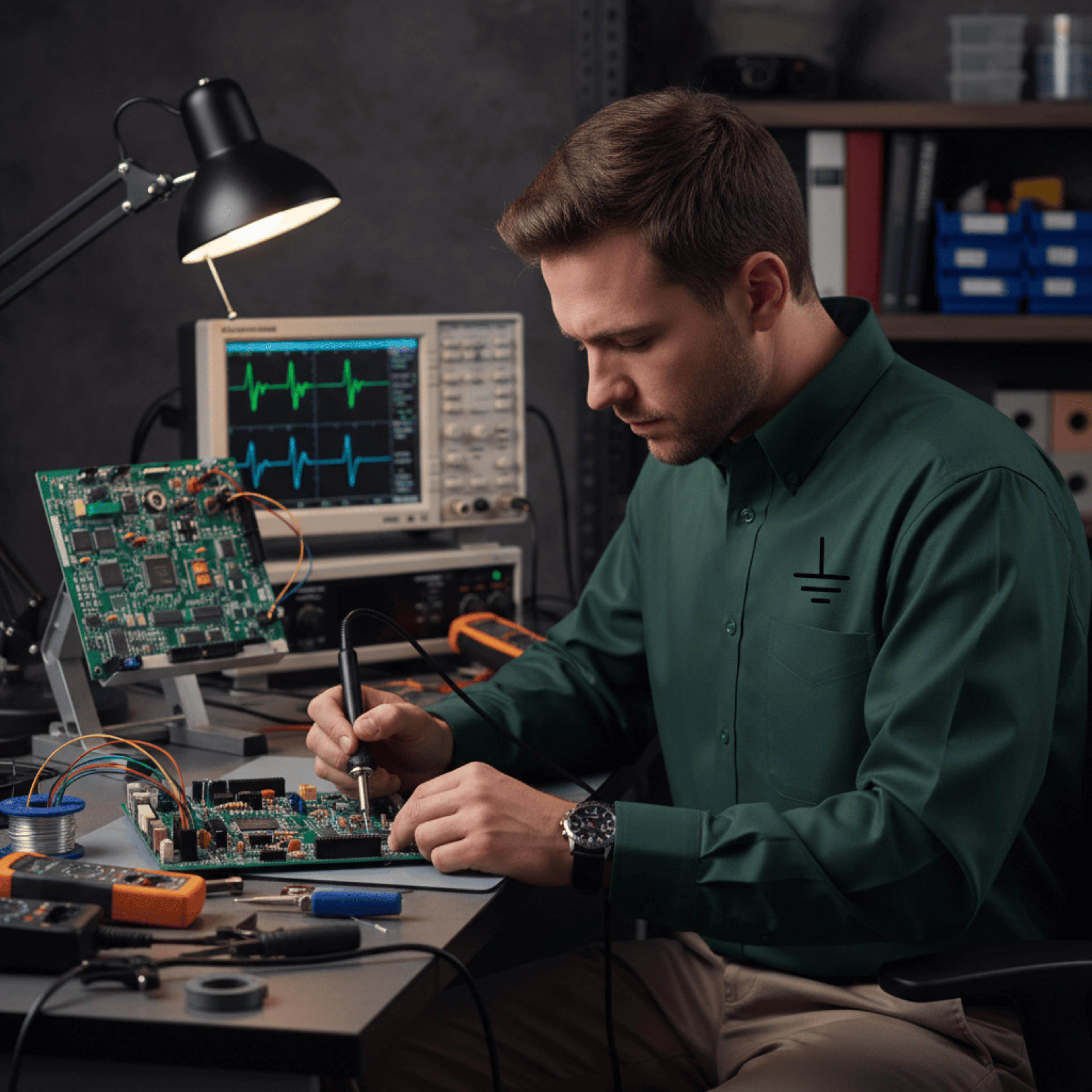 Circuit Swag Long-sleeve Dark Green/Navy / S Electronics Ground Symbol Embroidery Long Sleeve Shirt | Electrical Engineering Tee