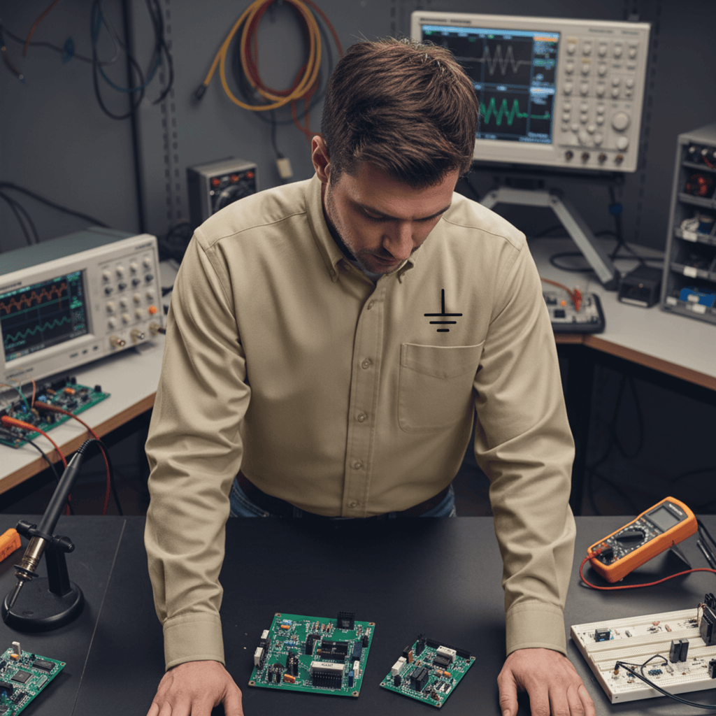 Circuit Swag Long-sleeve Stone / XS Electronics Ground Symbol Embroidery Long Sleeve Shirt | Electrical Engineering Tee