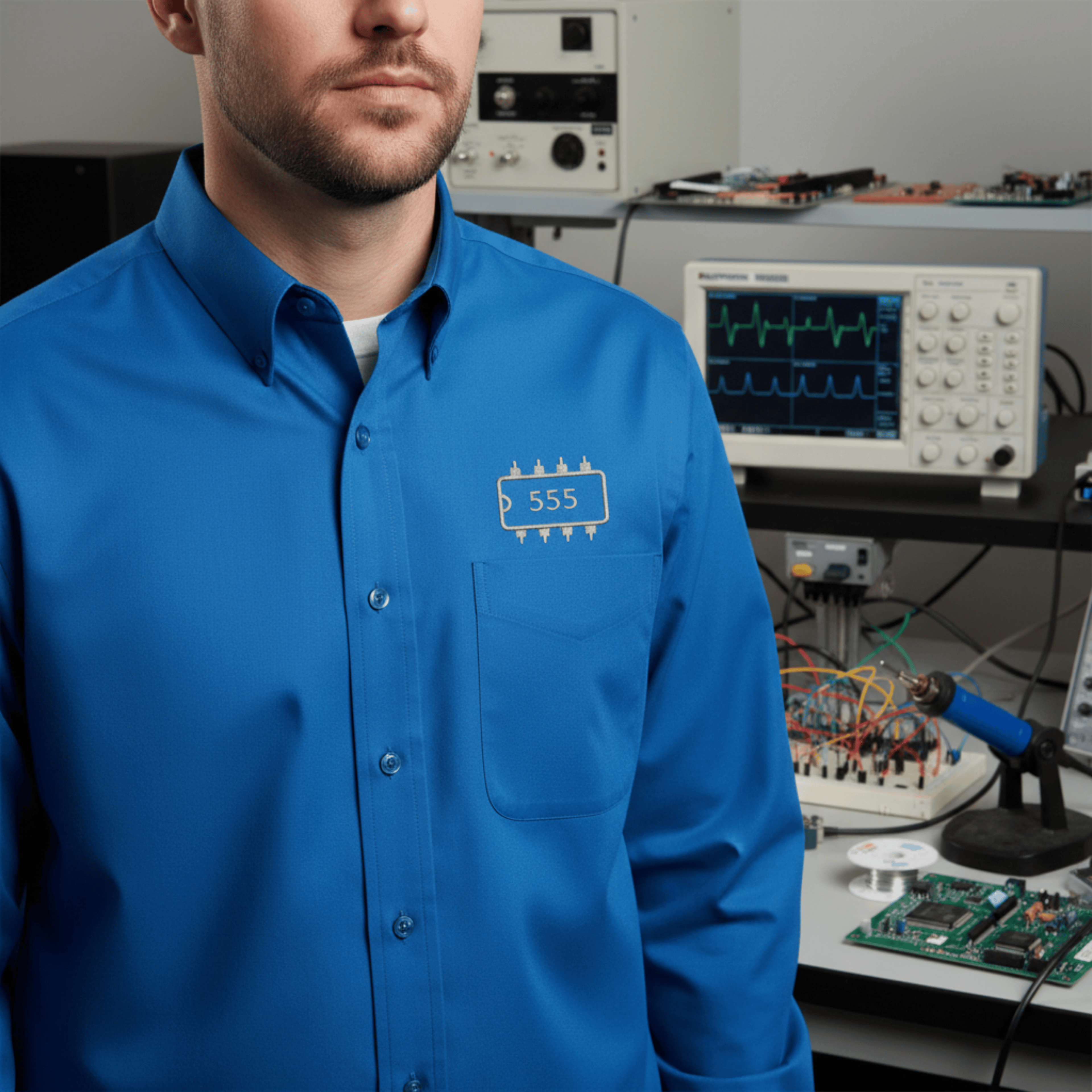 Circuit Swag Long-sleeve Strong Blue / XS 555 Timer IC Outline Embroidered Long Sleeve Shirt