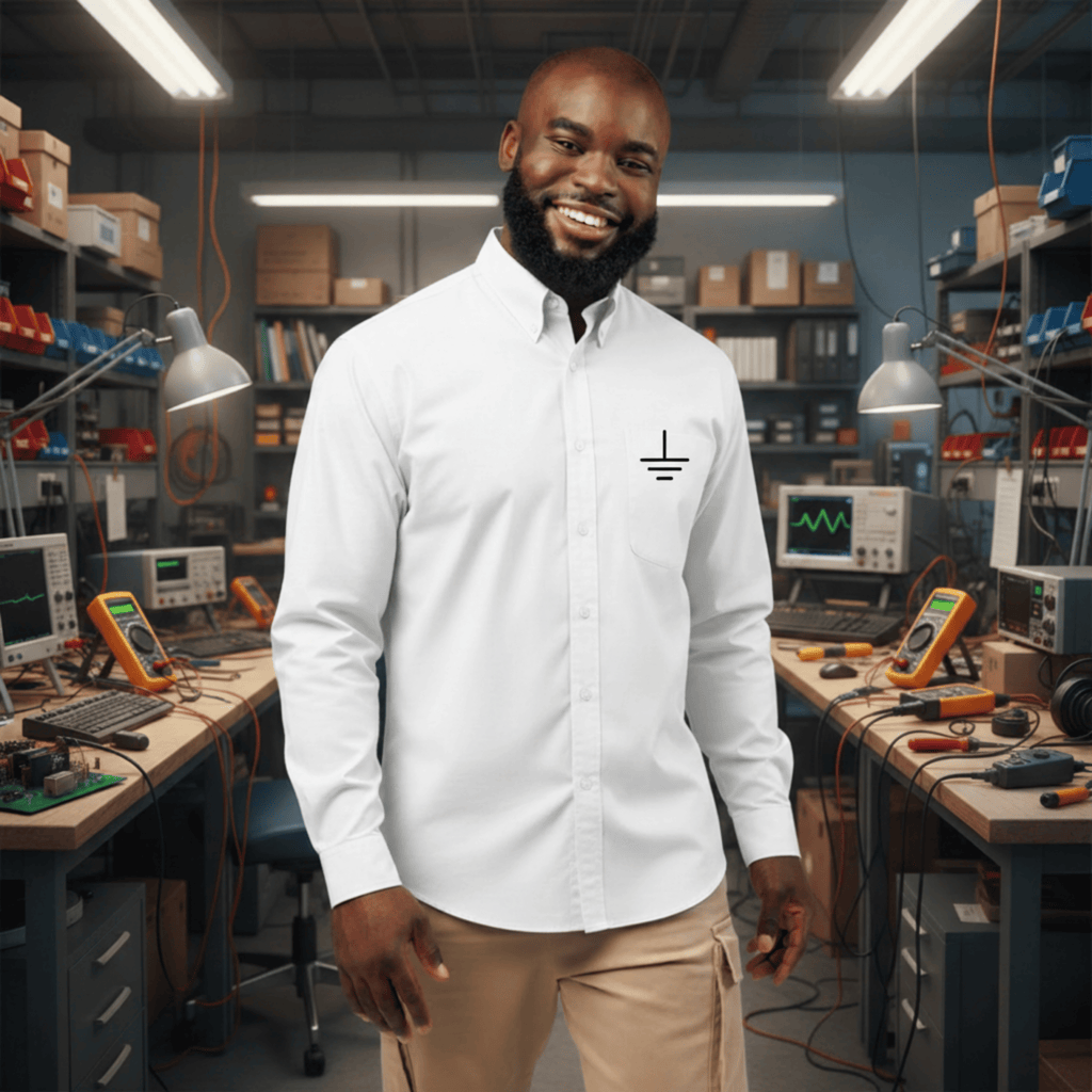 Circuit Swag Long-sleeve White/Light Stone / XS Electronics Ground Symbol Embroidery Long Sleeve Shirt | Electrical Engineering Tee