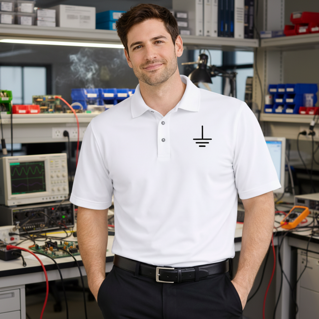 Circuit Swag T-Shirt S / White Earth Ground Symbol Embroidered Polo Shirt