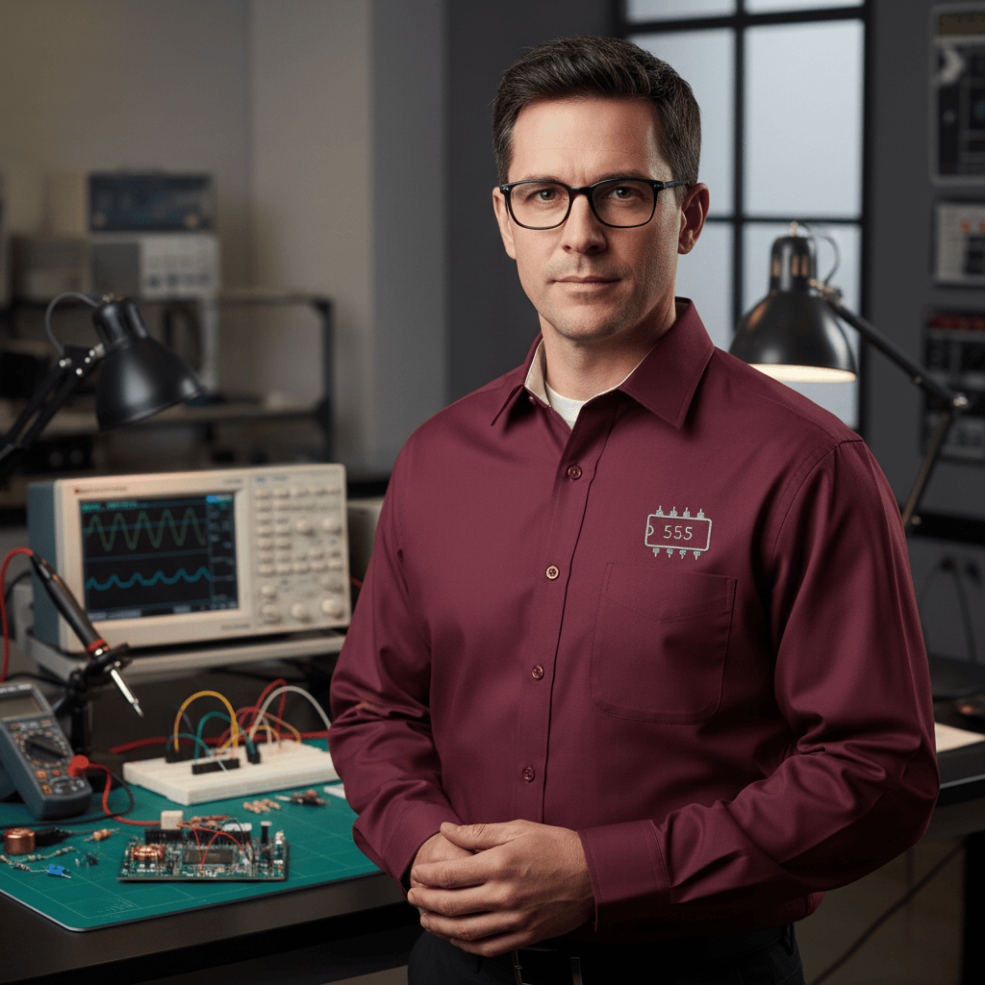 Printify Long-sleeve Burgundy/Light Stone / XS 555 Timer IC Outline Embroidered Long Sleeve Shirt