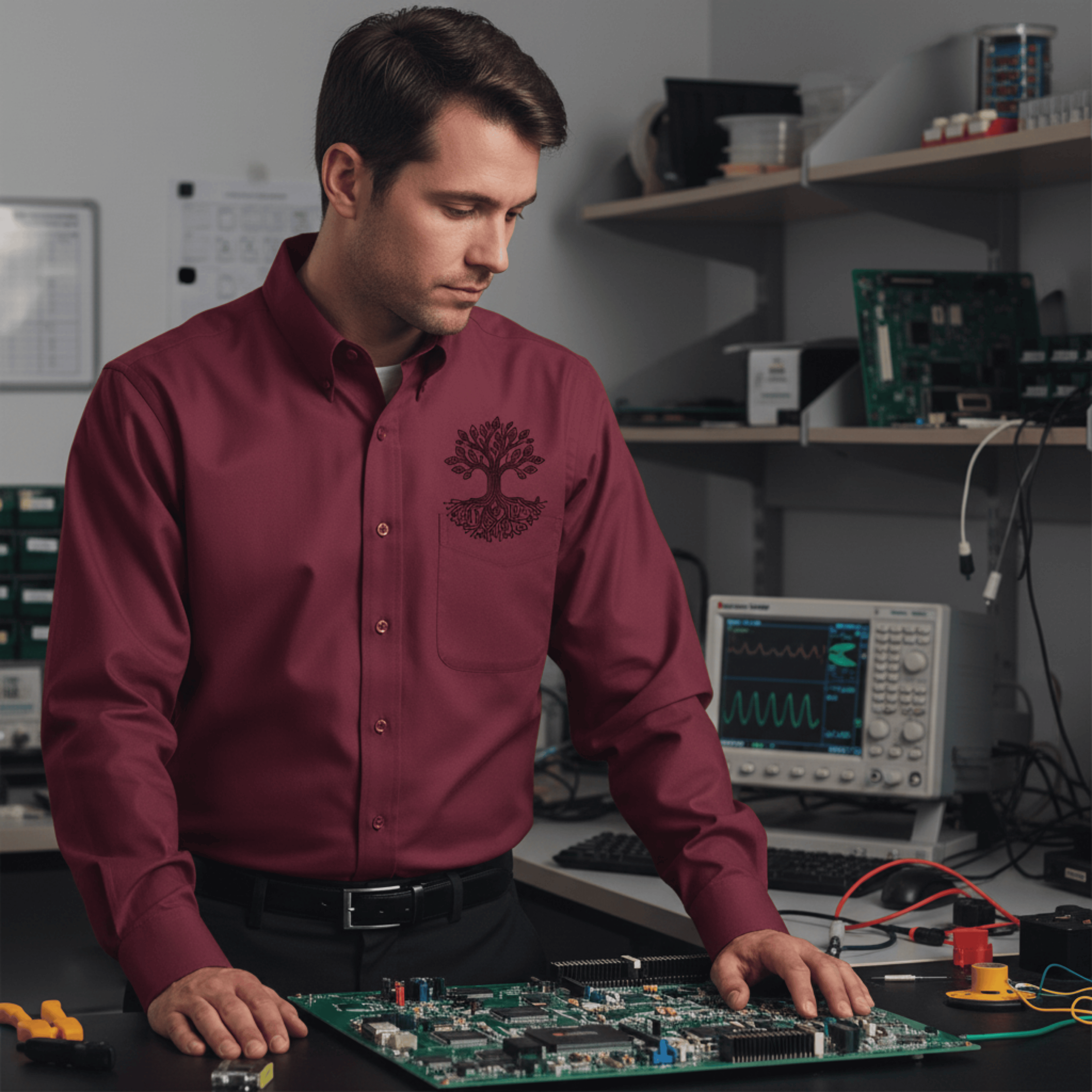 Printify Long-sleeve Burgundy/Light Stone / XS Circuit Traces Tree Embroidered Long Sleeve Shirt