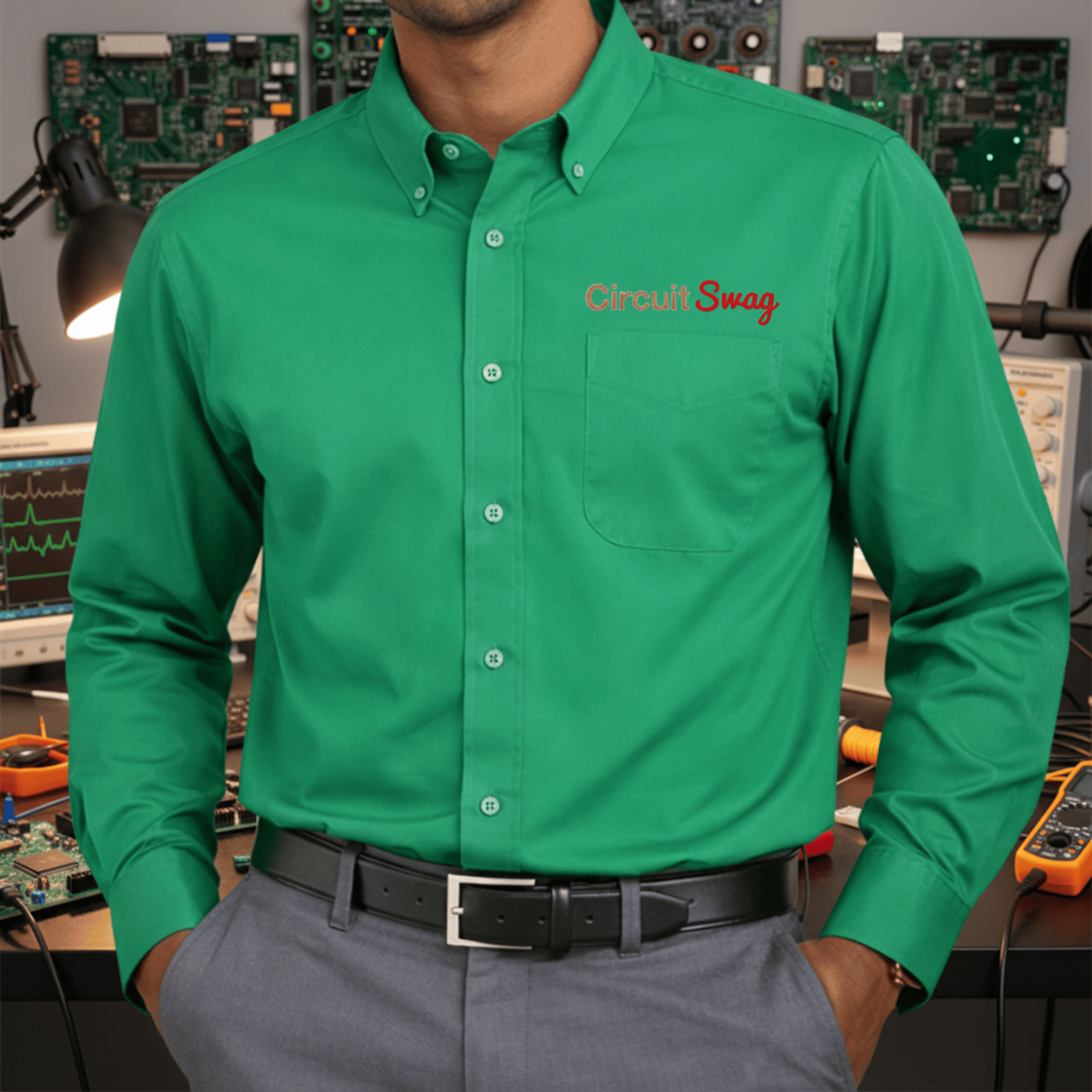 Printify Long-sleeve Court Green / XS Circuit Swag Embroidered Long Sleeve Shirt — Electrical Engineer / Computer Scientist