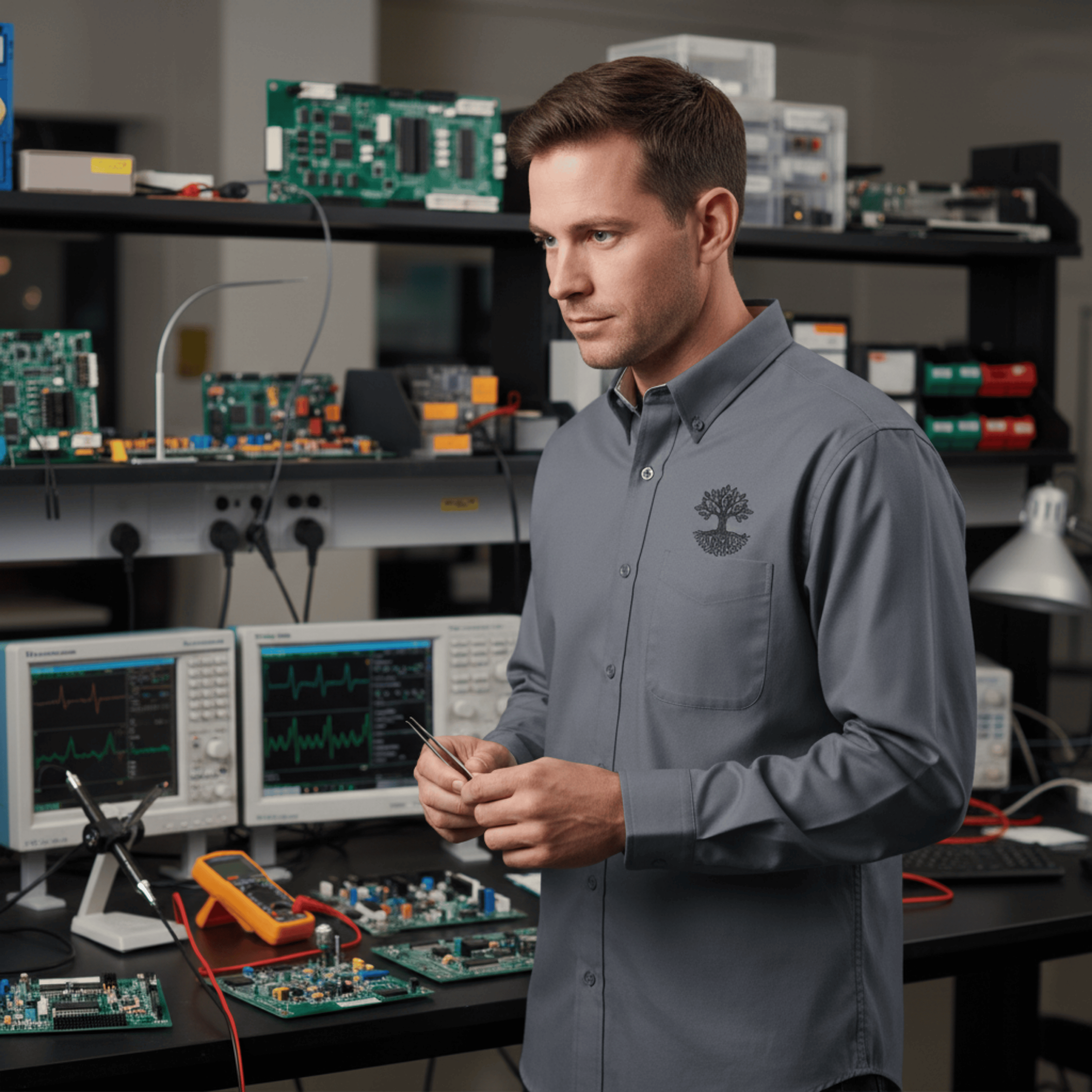 Printify Long-sleeve Steel Grey/Light Stone / XS Circuit Traces Tree Embroidered Long Sleeve Shirt