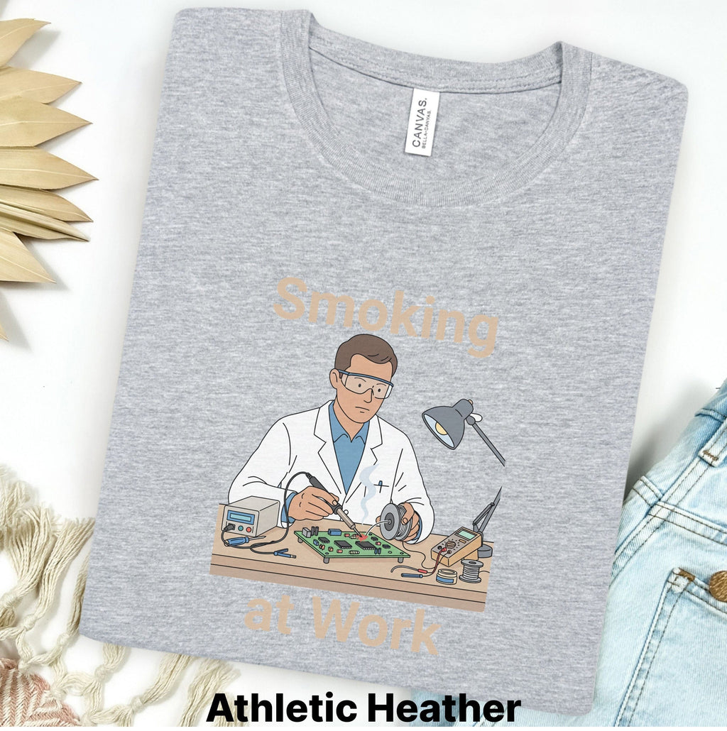 Printify T-Shirt S / Athletic Heather Smoking at Work Retro Technician Tee — Cartoon Lab & Tech Shirt