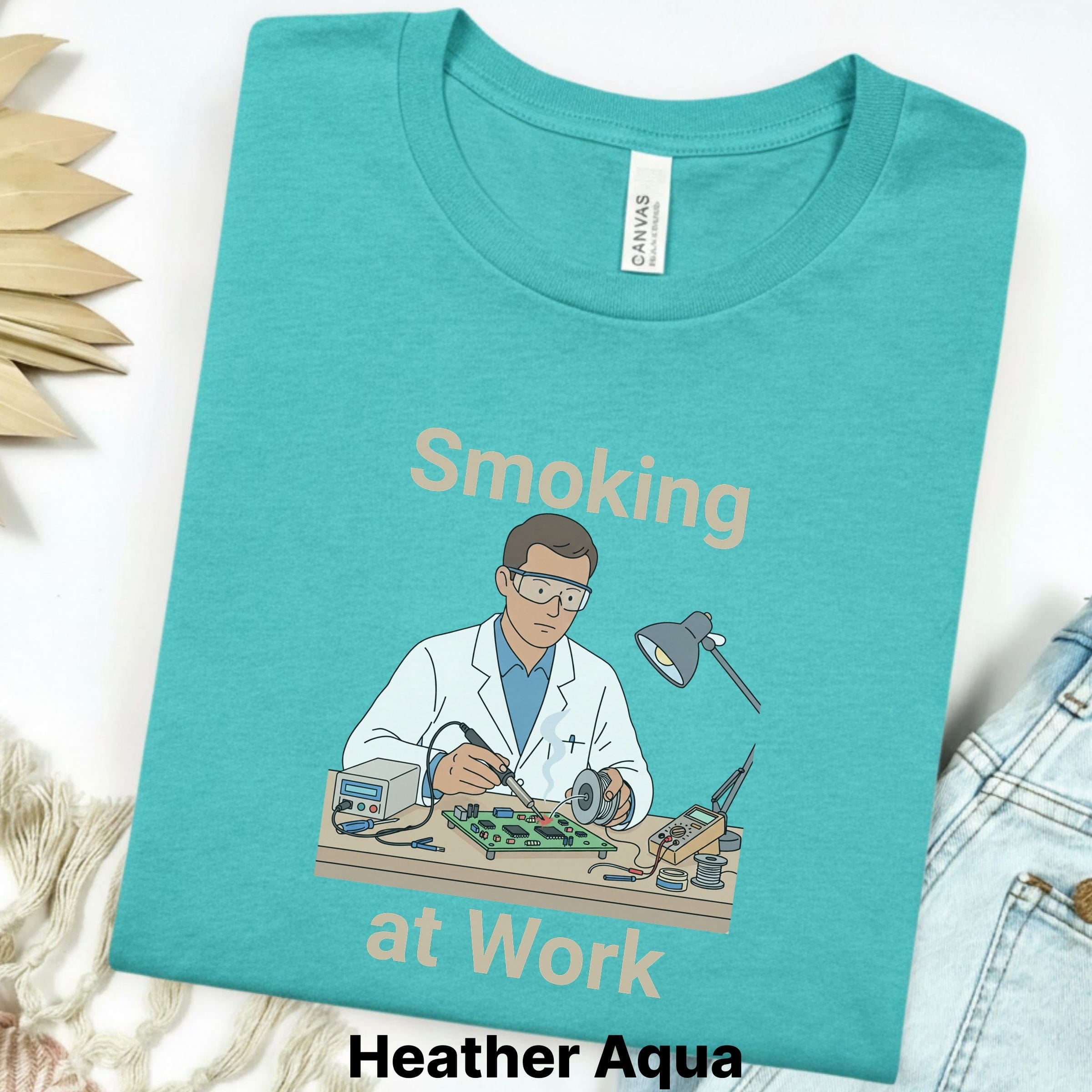 Printify T-Shirt S / Heather Aqua Smoking at Work Retro Technician Tee — Cartoon Lab & Tech Shirt