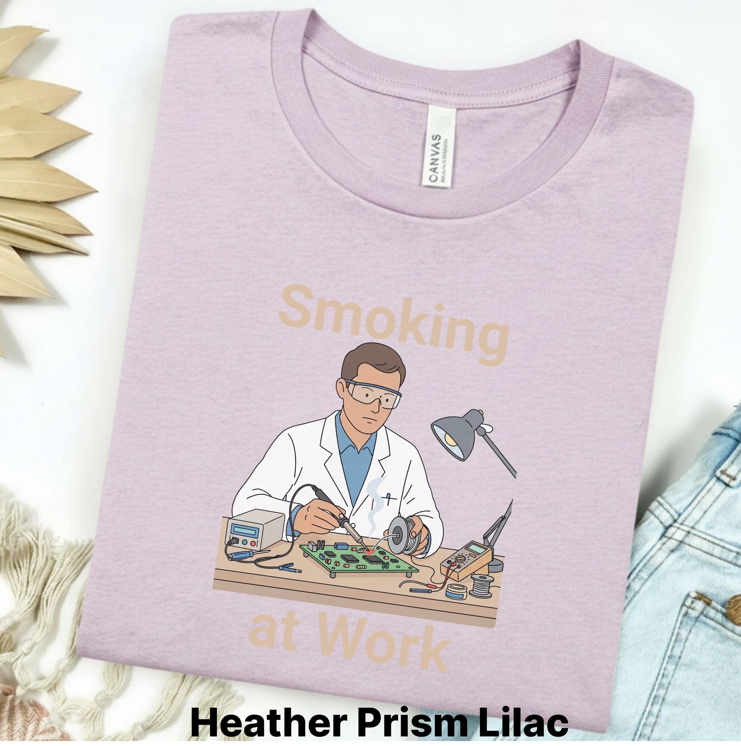 Printify T-Shirt S / Heather Prism Lilac Smoking at Work Retro Technician Tee — Cartoon Lab & Tech Shirt