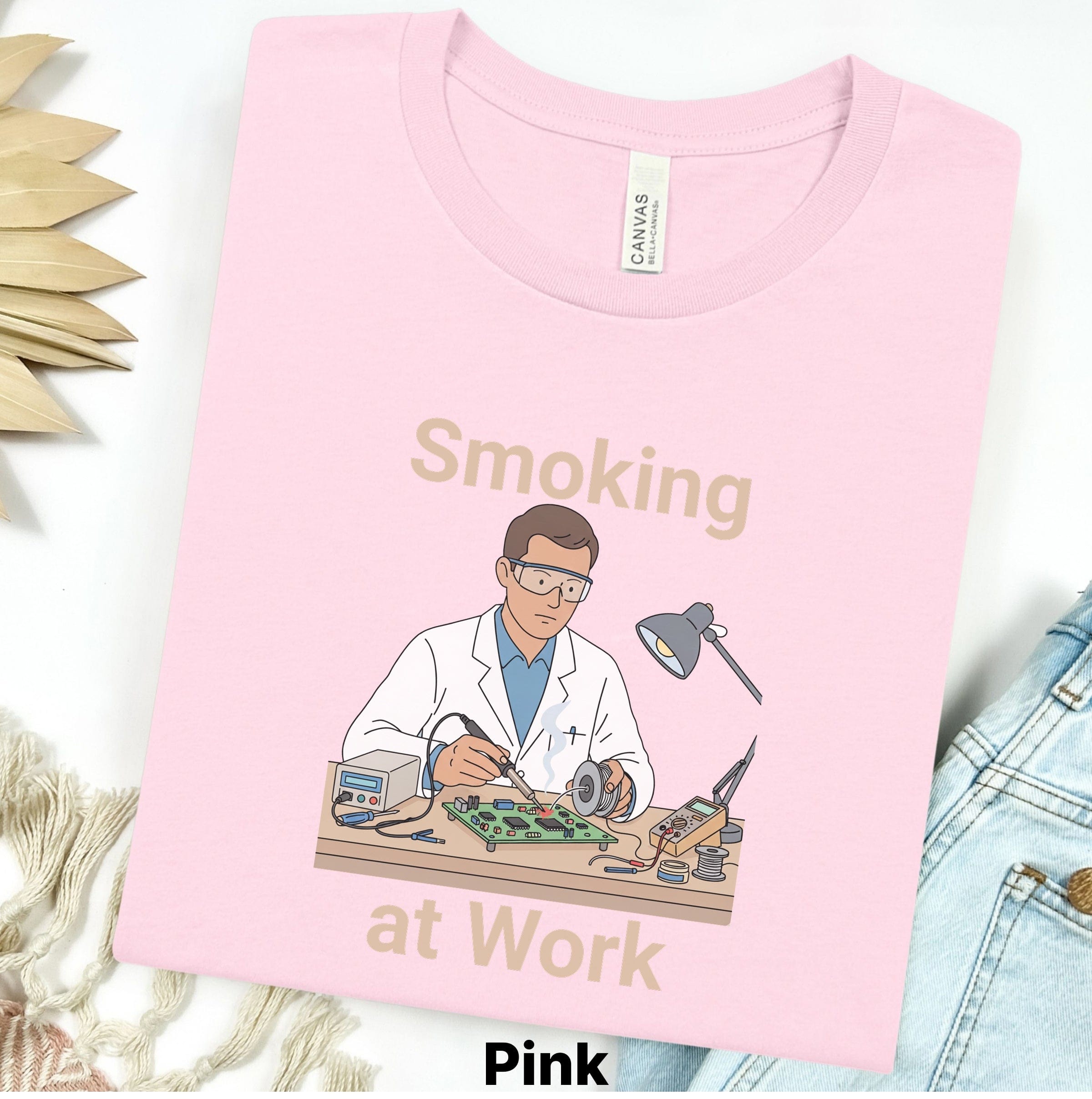 Printify T-Shirt S / Pink Smoking at Work Retro Technician Tee — Cartoon Lab & Tech Shirt