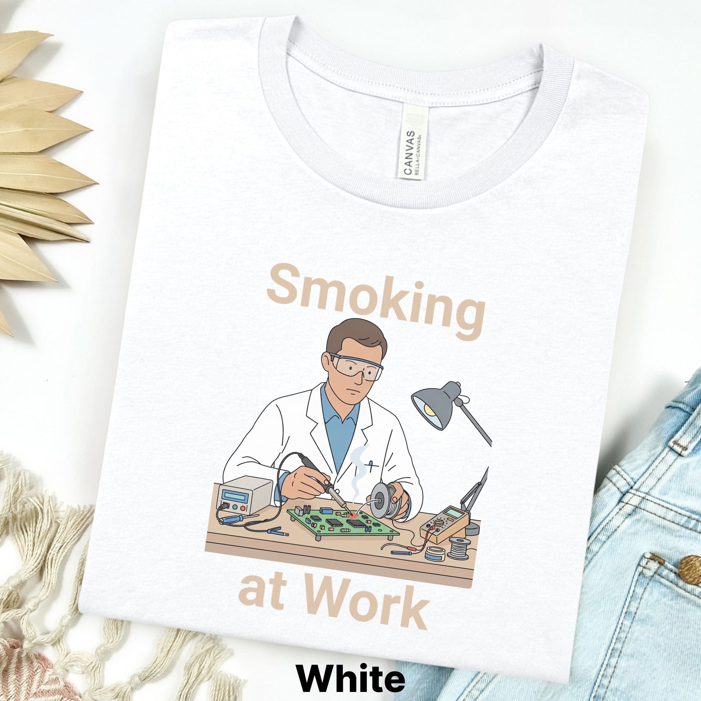 Smoking at Work Retro Technician Tee — Cartoon Lab & Tech Shirt Secondary image