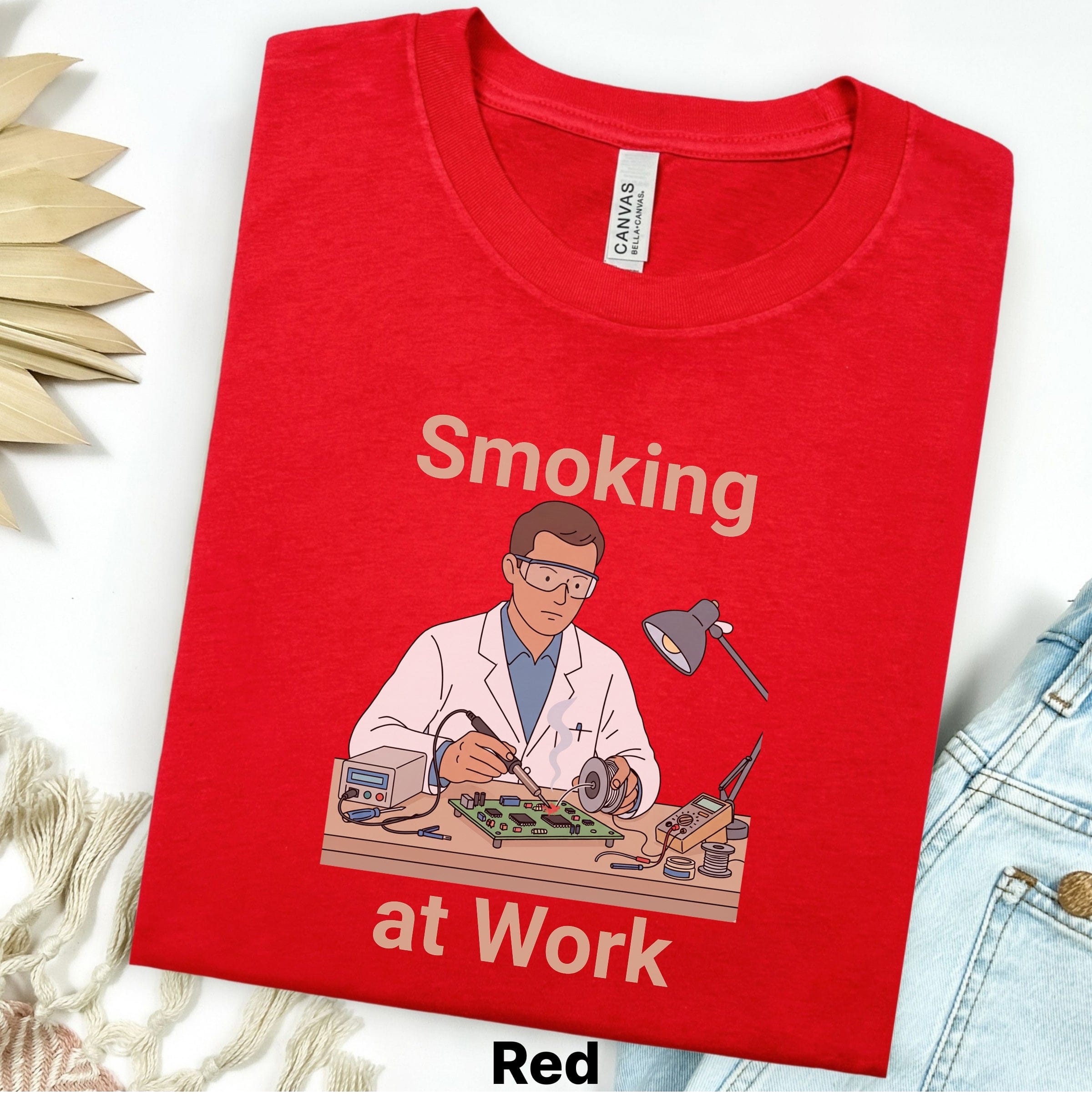 Printify T-Shirt Smoking at Work Retro Technician Tee — Cartoon Lab & Tech Shirt