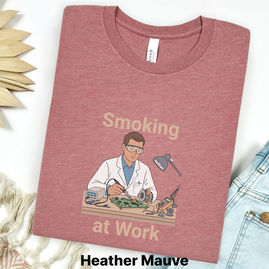 Printify T-Shirt XL / Heather Mauve Smoking at Work Retro Technician Tee — Cartoon Lab & Tech Shirt