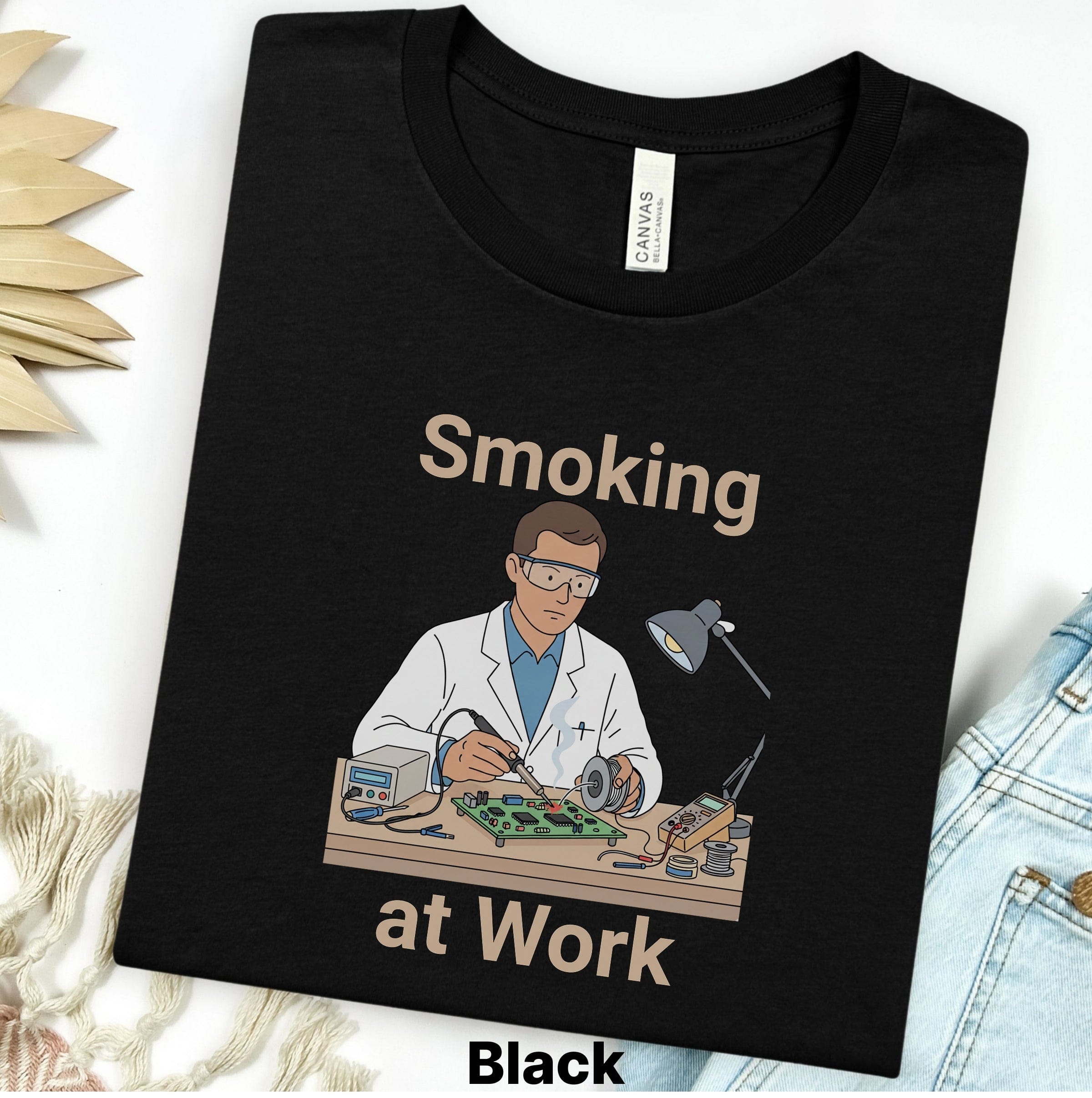 Printify T-Shirt XS / Black Smoking at Work Retro Technician Tee — Cartoon Lab & Tech Shirt Main image